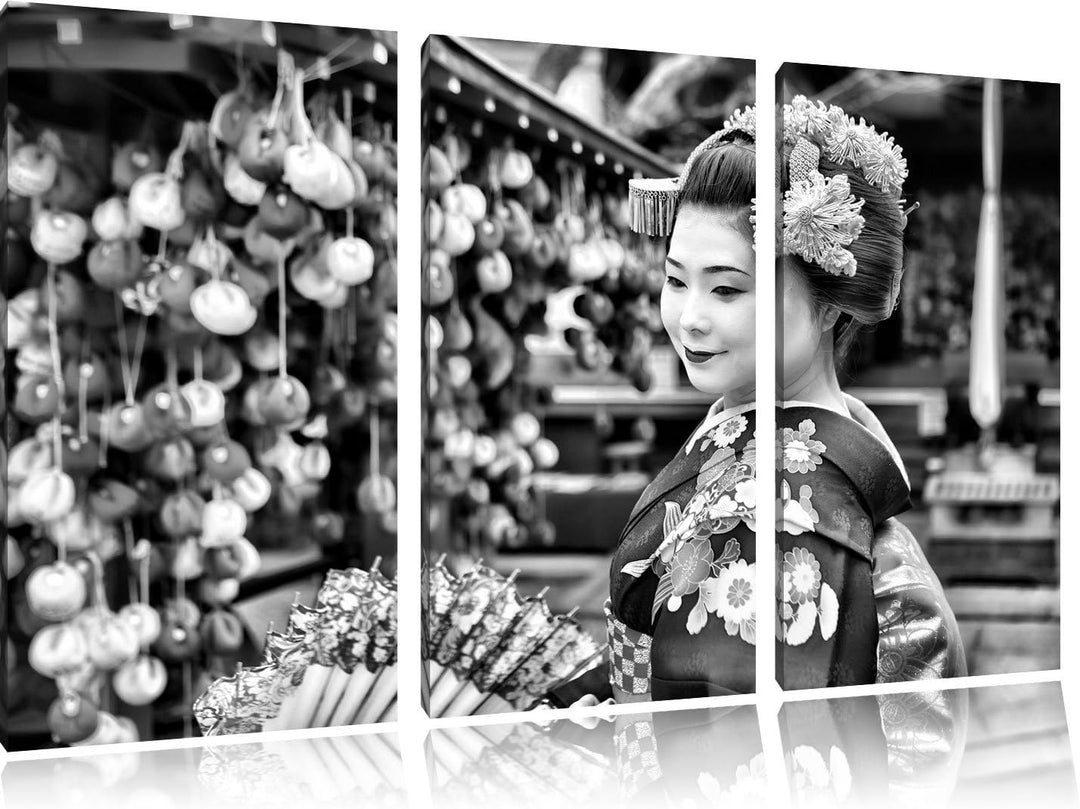 Pixxprint Anmutige Geisha mit Fächer als Leinwandbild | Grösse: 3 Teilig (120x80) | Wandbild| Kunstd