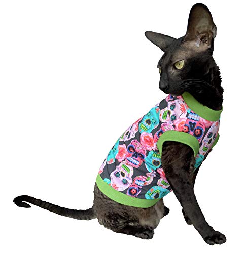 Kotomoda T-Shirt fьr Sphynx-Katzen, haarlos, Baumwolle, Stretch, mexikanische Schдdel, Grцяe S, S