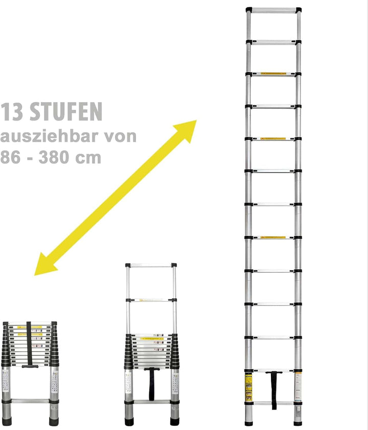 Eaxus® Teleskopleiter 3,8m - DIN EN 131 Aluminium Mehrzweckleiter Ausziehbar mit 13 Stufen, Silber 3