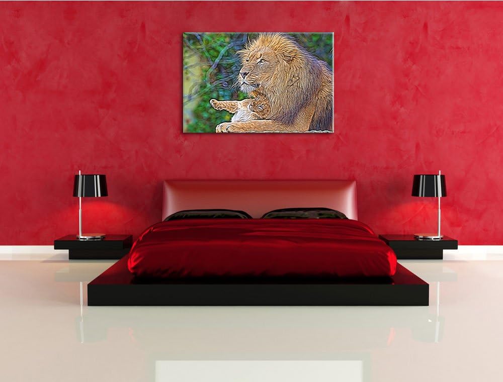 liebevoller Löwe mit Jungtier Deluxe Format: 100x70 cm auf Leinwand, XXL riesige Bilder fertig gerah