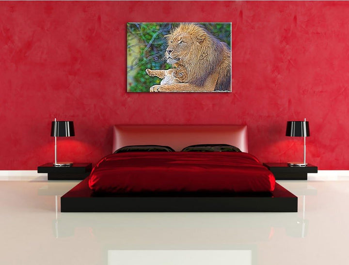 liebevoller Löwe mit Jungtier Deluxe Format: 100x70 cm auf Leinwand, XXL riesige Bilder fertig gerah