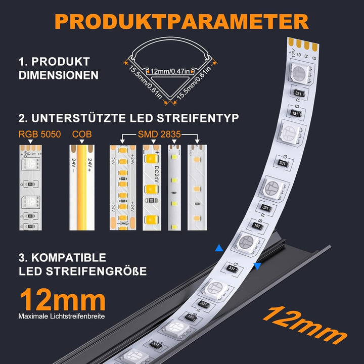 LED Profil Schwarz V Form, 12Pack Aluminiumkanal Eckprofil Kanal Schwarz Profil mit Milchiger Weisse