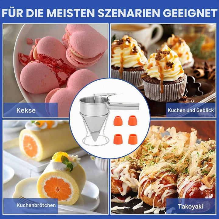 Pfannkuchen Teigspender Teigportionierer, 1200ml Edelstahl Kuchenspender mit Deckel &amp; 4 Ersatzdüsen