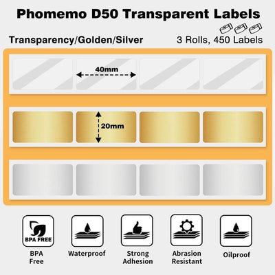 Phomemo D50 Transparente Etiketten, 3 Rollen selbstklebende Thermoetiketten, 20 mm * 40 mm, kompatib