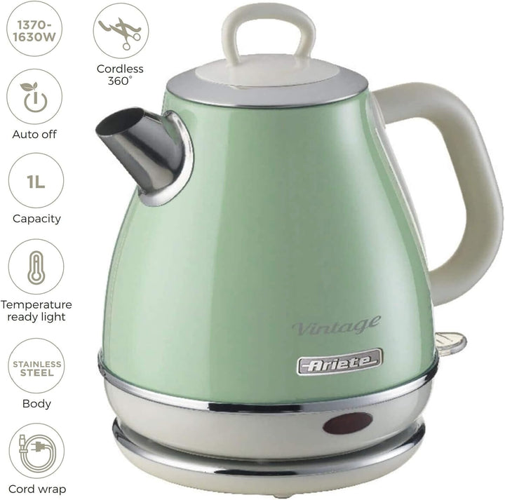Ariete, 2868 Vintage, elektrischer Design-Wasserkocher aus Edelstahl für Aufgussgetränke, Tee und Kr