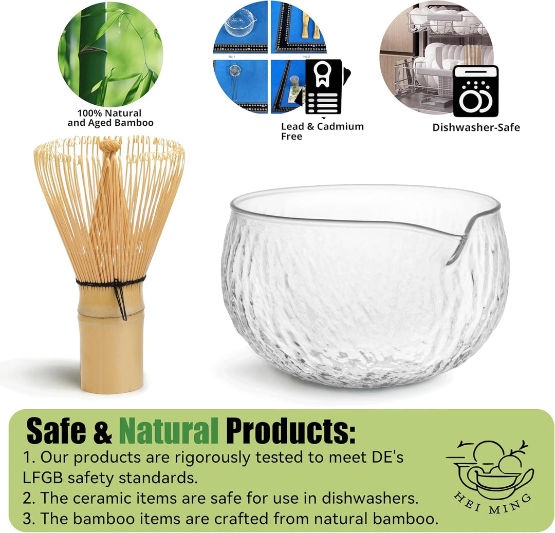 HEI MING Matcha Set hat 8 Teile, Zeremonielles Matcha Tee Set, Glas Matcha Schale und handgemachter