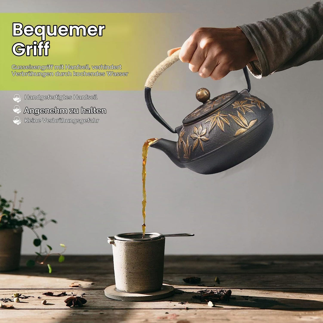 Webao Teekanne Gusseisen, 800ml Asiatische Teekanne Teekessel mit Edelstahl Sieb, Gold Ahornblätter