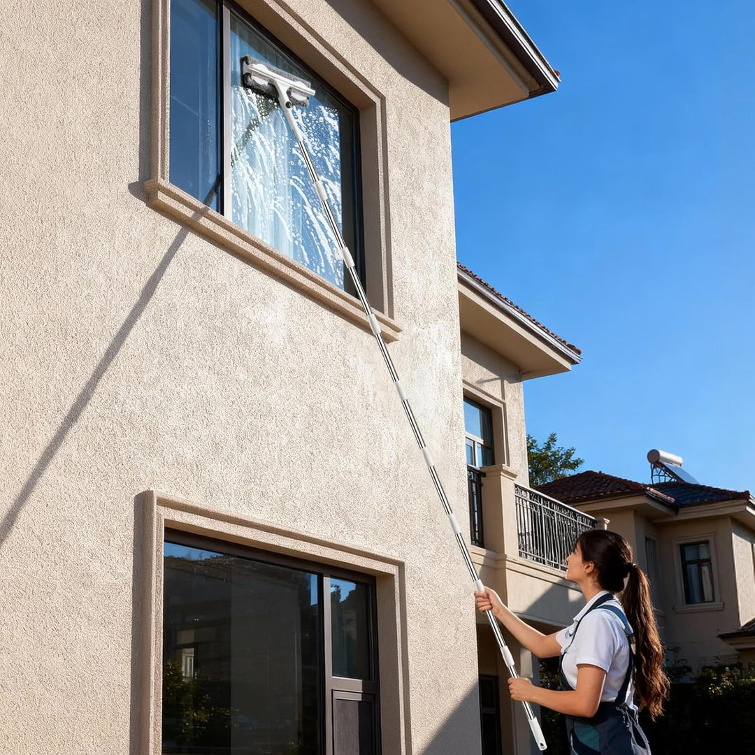 3,85m Teleskop Fensterwischer Set, 2 in 1 Profi Fensterputzer Set, Teleskopstange Fensterreinigung m