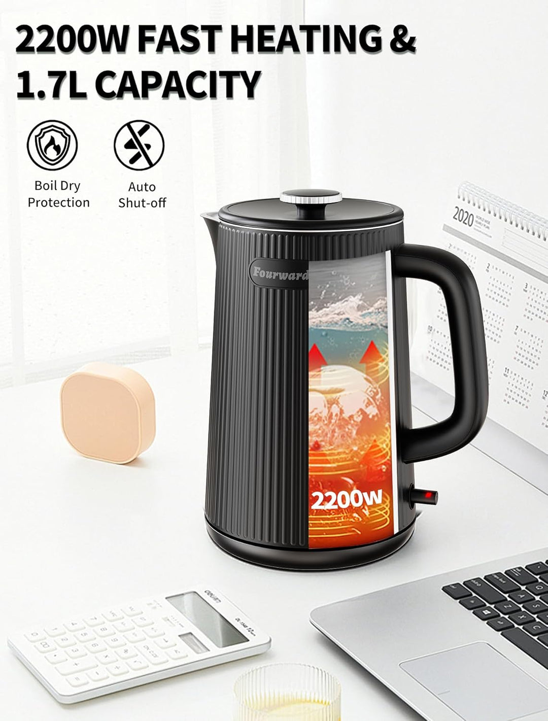 Fourward Wasserkocher - Edelstahl Kettle mit 1,7L Fassungsvermögen, 2200W Schnellkochfunktion, BPA-f