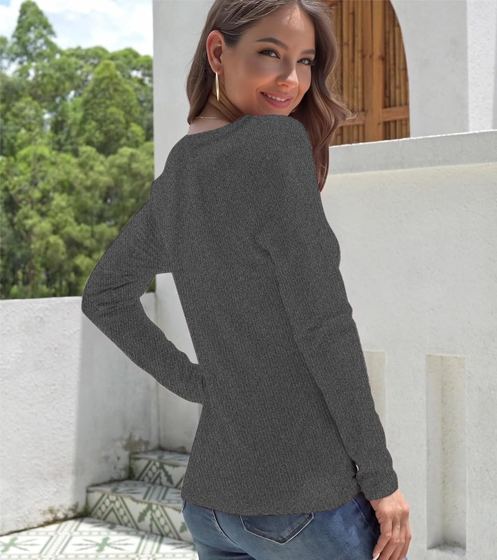 Langarmshirt Damen V Ausschnitt Langarm Pullover Basic Eng Ribbed Oberteile Dunkelgrau S, Dunkelgrau