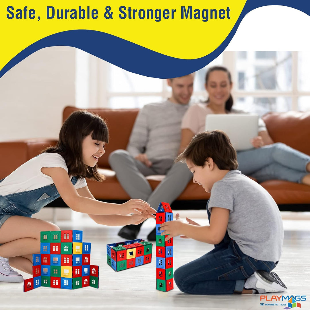 Playmags 60 PC 3D Magnetic Fliesen Gebäude Spielset: Durable Gebäude Set enthält 30 Fensterrahmen un