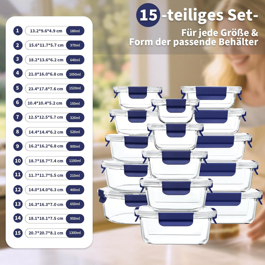 Meal Prep Boxen Glas, Glasdosen mit Deckel Set, Frischhaltedosen Glas mit Auslaufsicherer Verschluss
