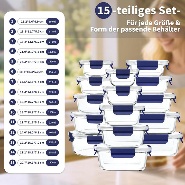 Meal Prep Boxen Glas, Glasdosen mit Deckel Set, Frischhaltedosen Glas mit Auslaufsicherer Verschluss