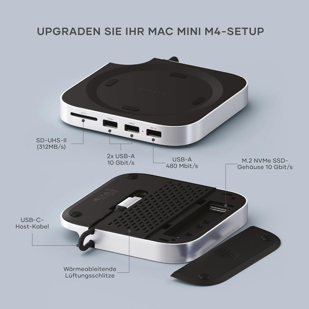SATECHI Mac mini M4 Hub & Stand mit NVMe SSD Gehäuse, Aluminium Dock mit 2X USB-A bis 10 Gbit/s, 1x