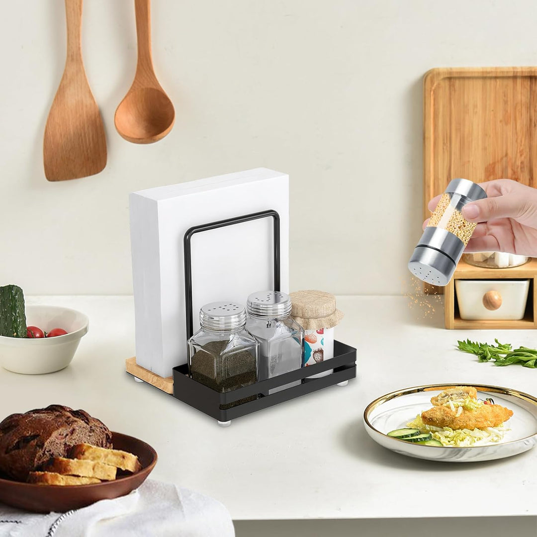 Serviettenhalter Schwarz,Serviettenhalter aus Metall & Holz Serviettenspender mit Caddy für Tisch Kü