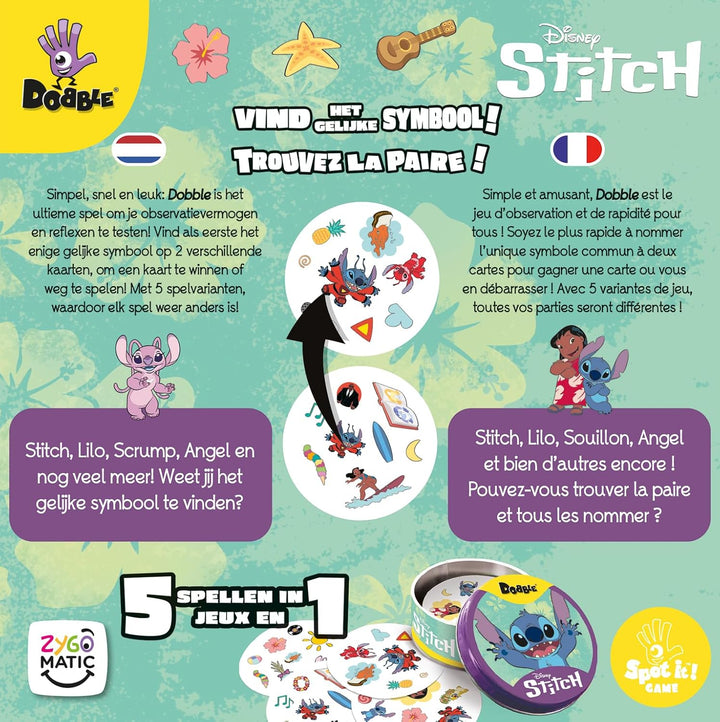 Asmodee - DOBBLE: Stitch – Gesellschaftsspiele – Kartenspiel, Schnelligkeit und Beobachtung – Spiel