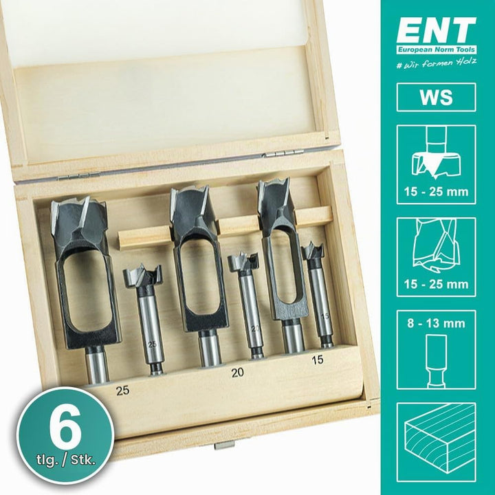 ENT 09151 6-tlg. Zapfenschneider und Forstnerbohrer Set WS - Ø 15-20-25 mm - für Verbinder, Dübel un