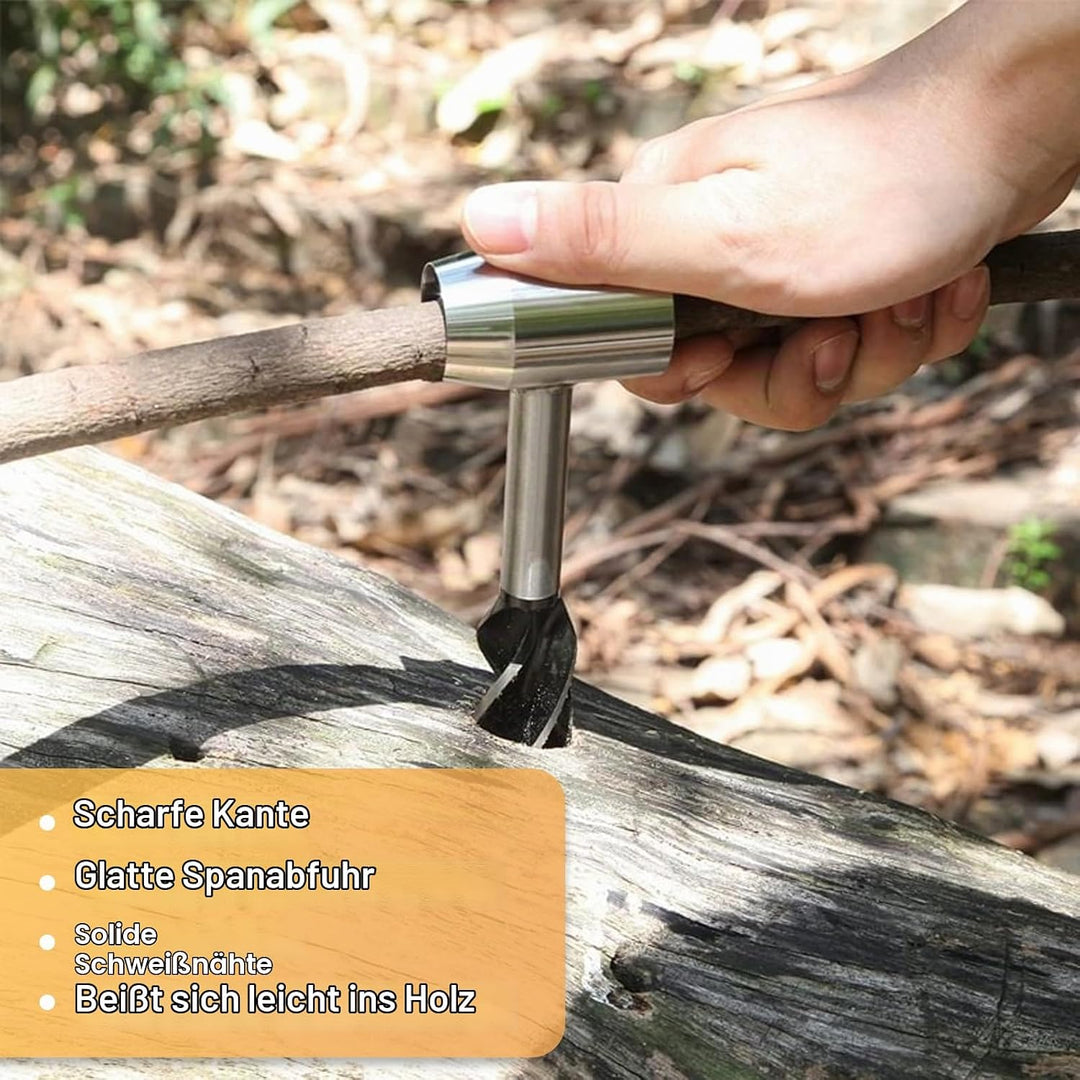 Holzbohrer Manuell Bushcraft, φ25x160mm, Schlangenbohrer Outdoor aus Stahl mit Braune Ledertasche &amp;