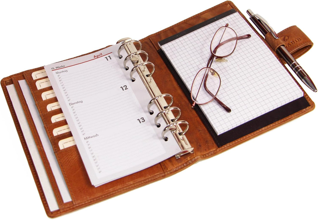 ALMADIH echt Leder A6 Terminplaner mit Kalender 2026 + Notizblock - braun deluxe Ledermappe Mappe Sc