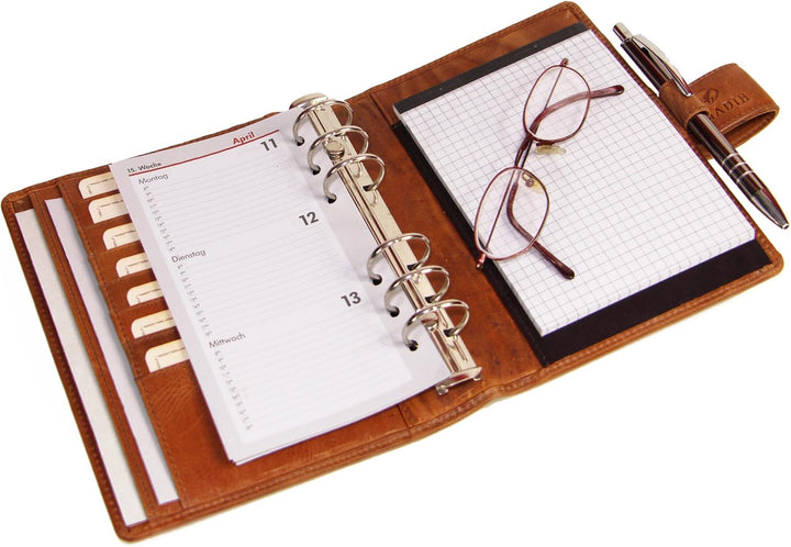 ALMADIH echt Leder A6 Terminplaner mit Kalender 2026 + Notizblock - braun deluxe Ledermappe Mappe Sc