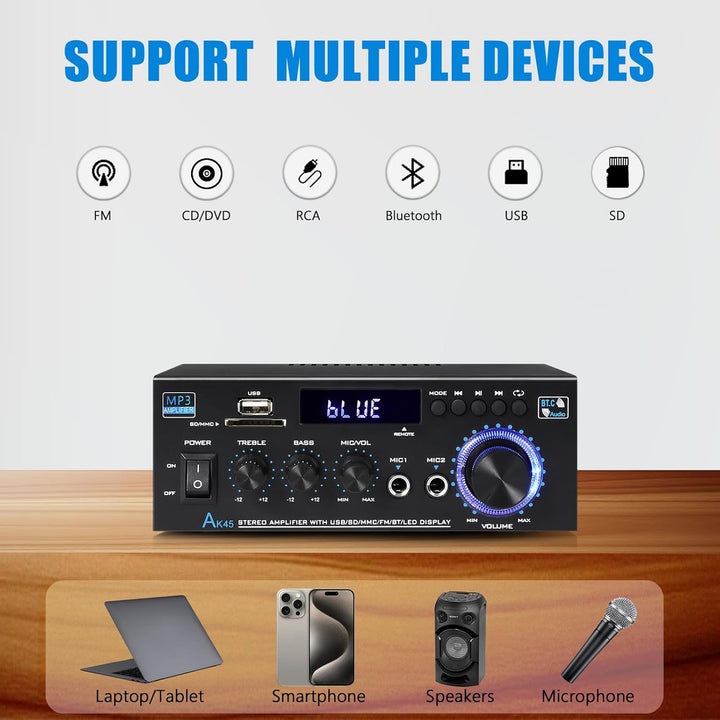 Stereo-Empfänger und Verstärker, Heim-Audio, Bluetooth, 5.0 A, Heimverstärker, FM-Radio, USB, SD-Kar