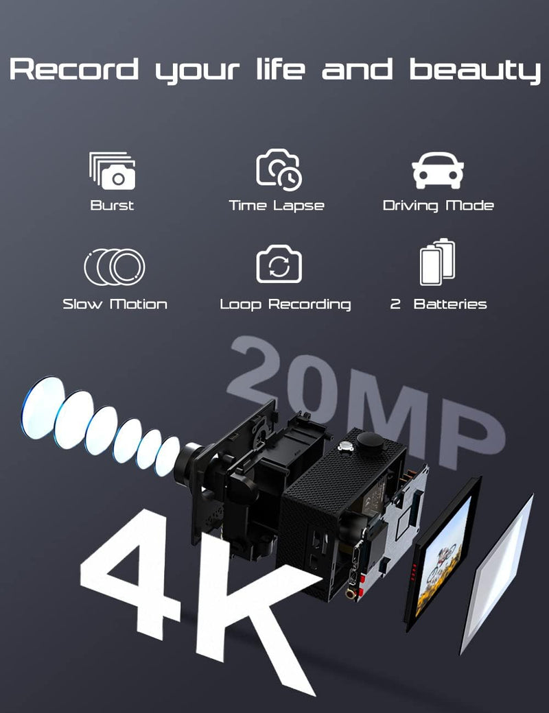 Apexcam 4K Action cam 20MP WiFi Sports Kamera Ultra HD Unterwasserkamera 40m 170 ° Weitwinkel 2.4G F