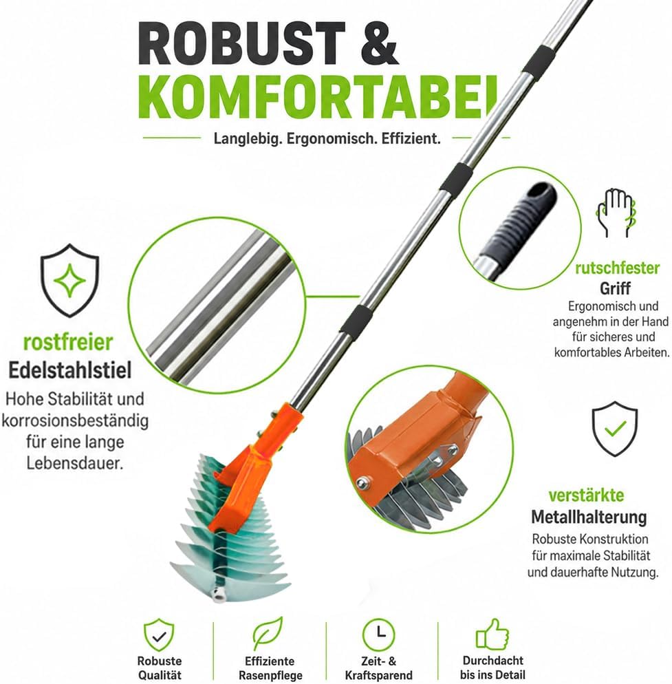 Handvertikutierer mit Gartenabfallsack, Vertikutierrechen mit Stiel 163cm, Vertikutierer Rechen Hand