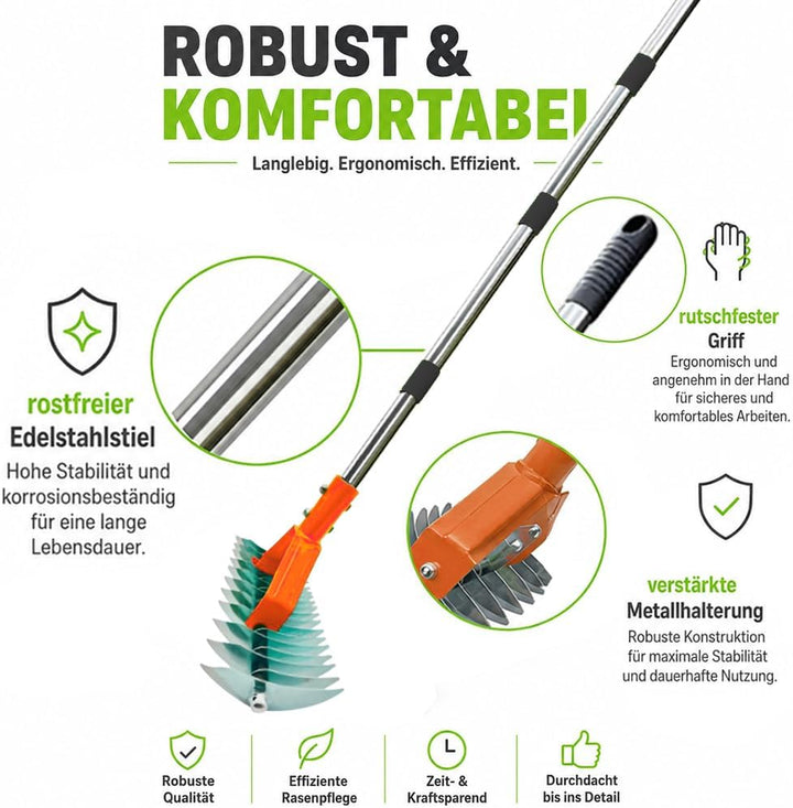 Handvertikutierer mit Gartenabfallsack, Vertikutierrechen mit Stiel 163cm, Vertikutierer Rechen Hand