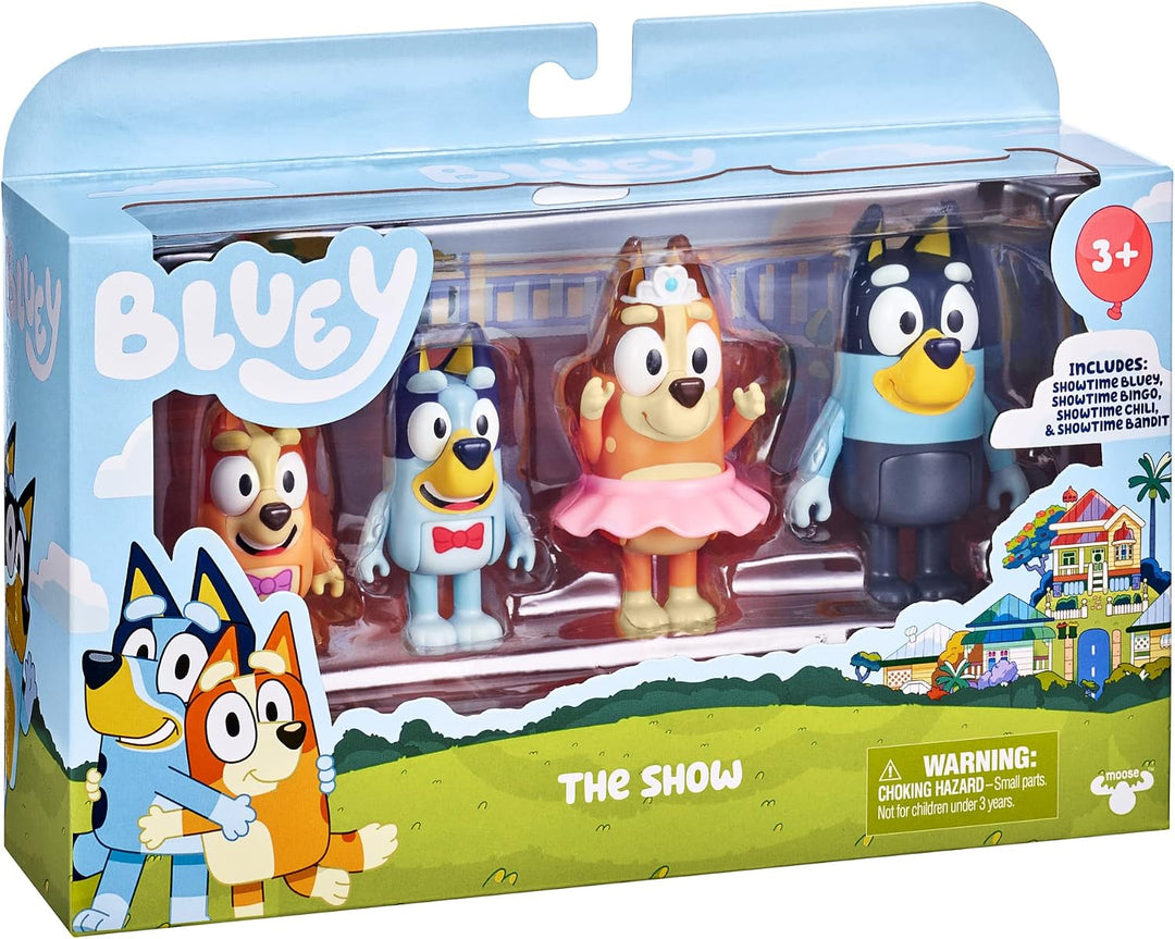 Bluey "The Show 4er-Pack 6,3–7,6 cm offizielle Actionfiguren, Bingo, Chili (Mama) und Bandit (Papa)