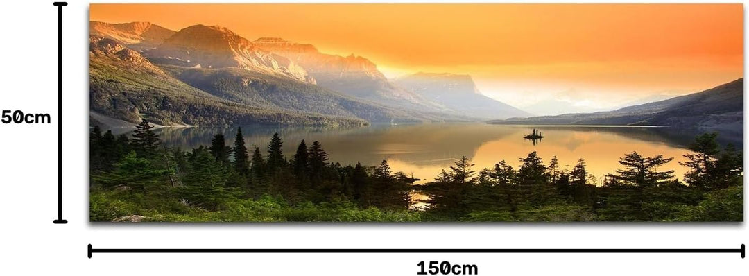 Wandbild auf Leinwand als Panorama in 150x50cm Nationalpark Bergsee Berge Wald Abendlicht