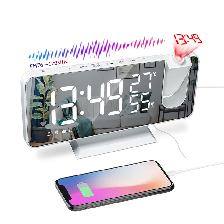 VORRINC Projektionswecker, Radiowecker Digitaler Wecker mit FM-Radio, 7" LED Spiegelbildschirm, Dual