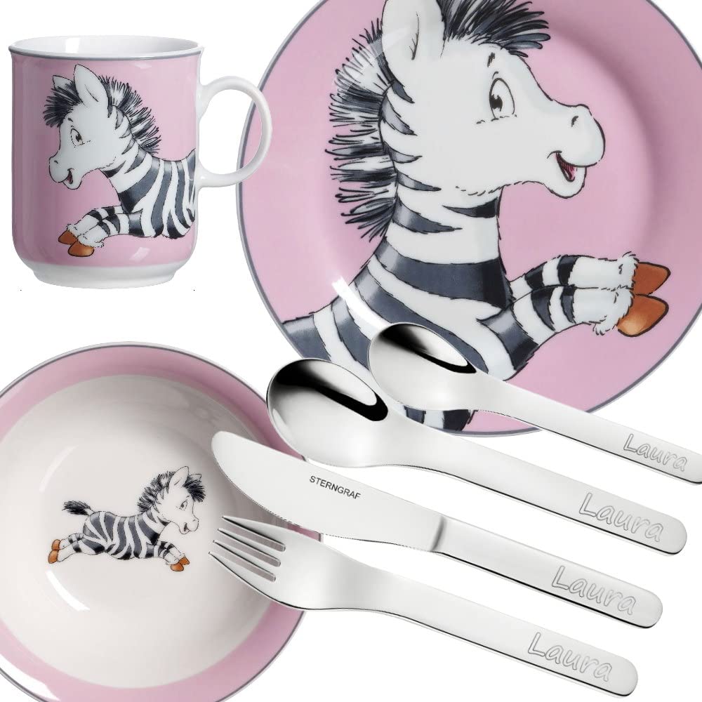 Kinderset Zebra 7tlg. MIT Gravur (z.B. Namen) personalisiertes Kinderbesteck + Kindergeschirr, Zebra