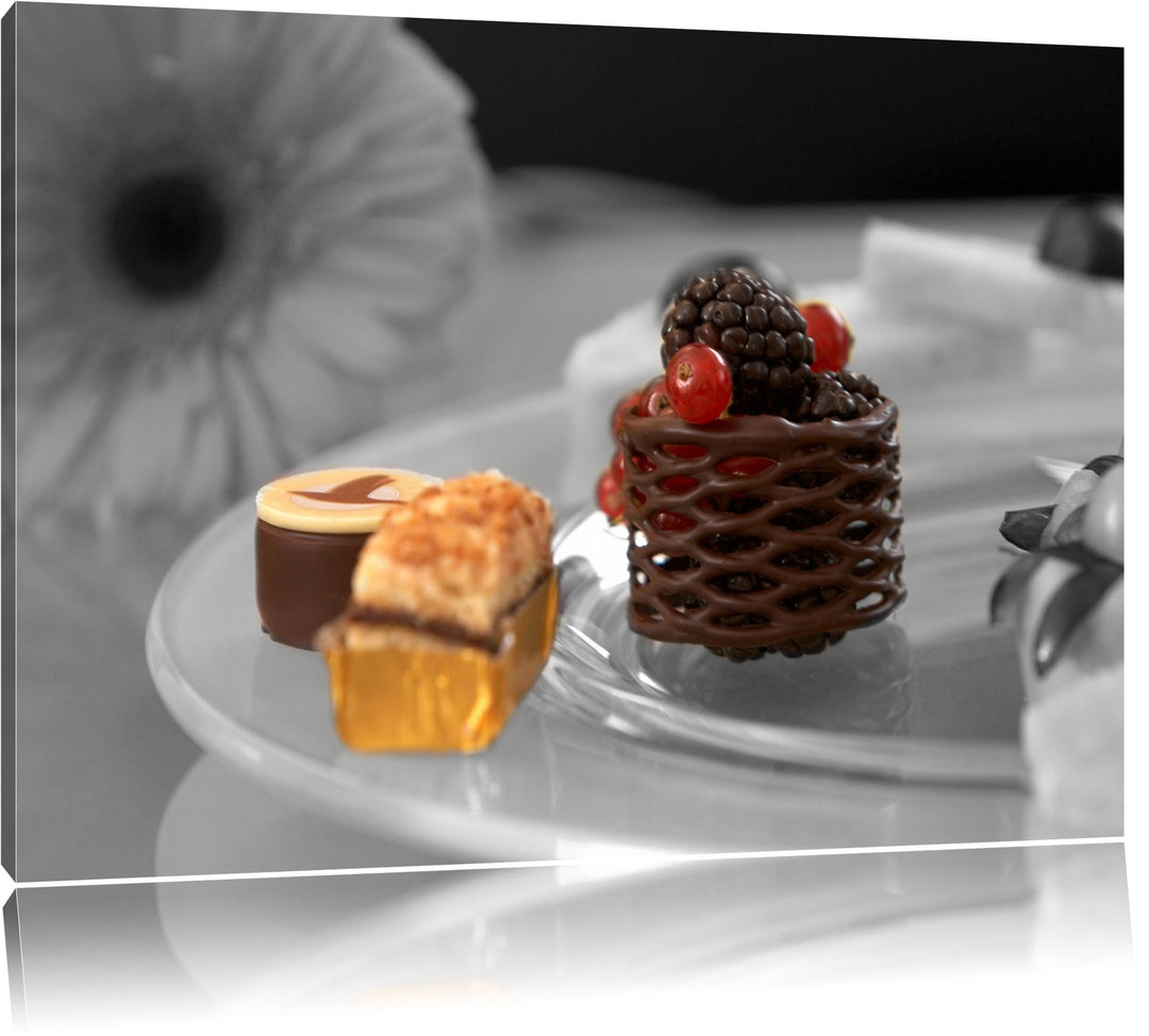 appetitliche süsse Desserts schwarz/weiss auf Leinwand, XXL riesige Bilder fertig gerahmt mit Keilra