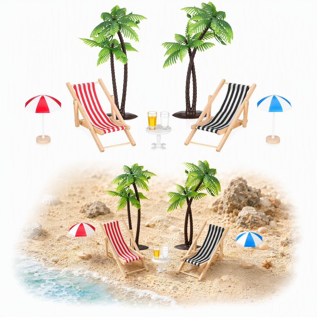 Hemobllo 9 Stück Miniatur Strand Deko Set, Mini Liegestuhl Palme Sonnenschirm Zubehör für DIY Sommer