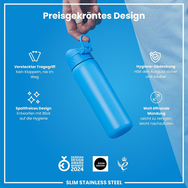 Ion8 Stahl-Trinkflasche, 600 ml, Auslaufsicher, Einhandöffnung, Sichere Verriegelung, Spülmaschinenf