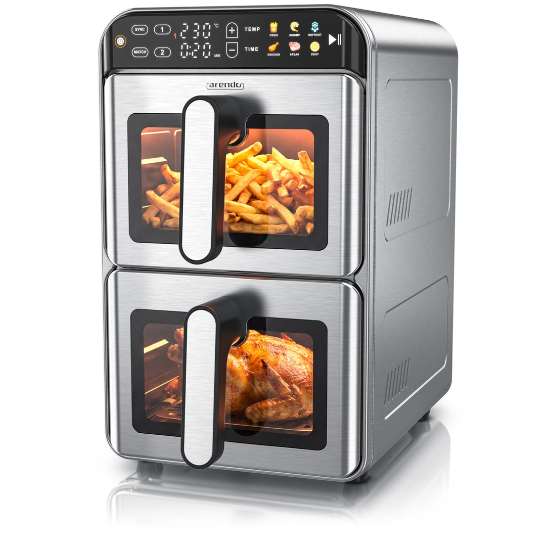 Arendo – Heissluftfritteuse XXL Edelstahlgehäuse - 2 Kammern Doppelstock – 11 Liter Airfryer 2 Zonen