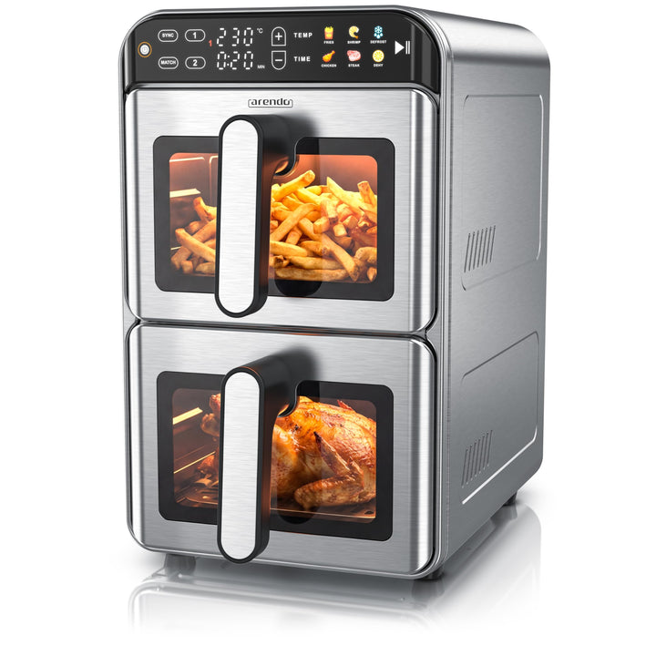 Arendo – Heissluftfritteuse XXL Edelstahlgehäuse - 2 Kammern Doppelstock – 11 Liter Airfryer 2 Zonen