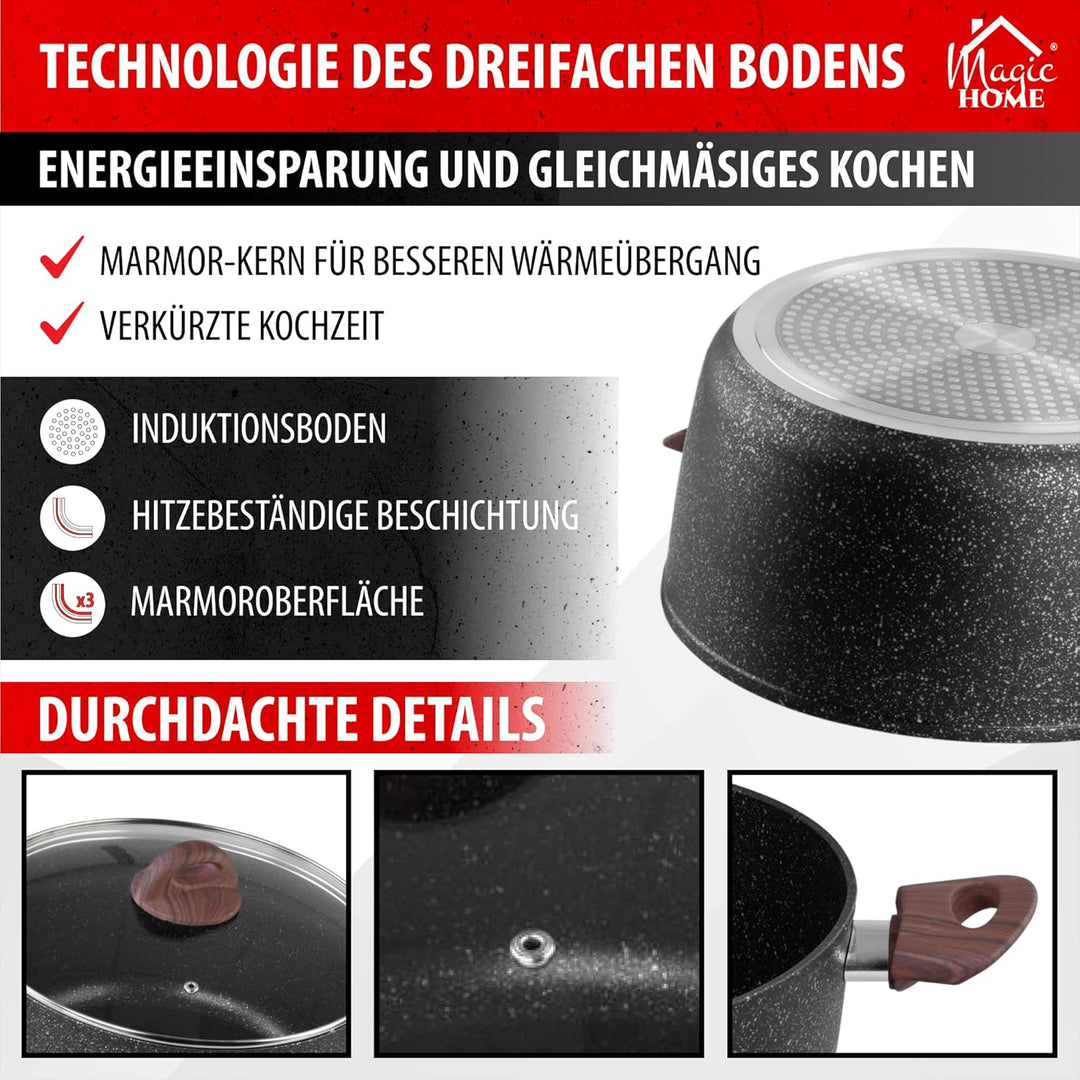 MAGIC HOME Topfset INDUKTION 13-tlg | Aluguss Pfannenset & Kochtopf Set | Marmor Antihaft Bratpfanne