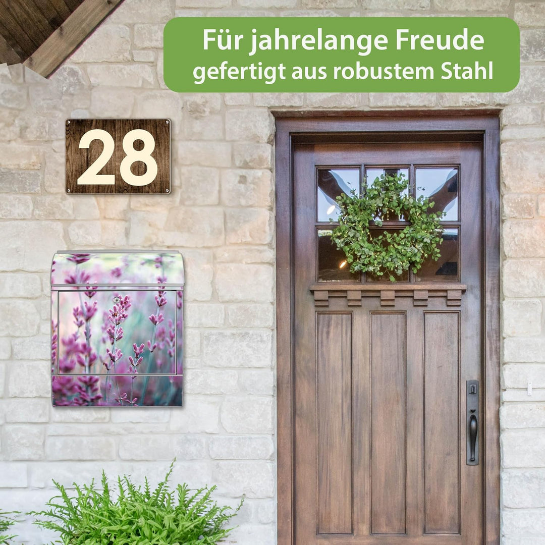 banjado® Design Briefkasten mit Motiv Lavendel 39x47x14cm &amp; 2 Schlüssel - Briefkasten Stahl Silber m