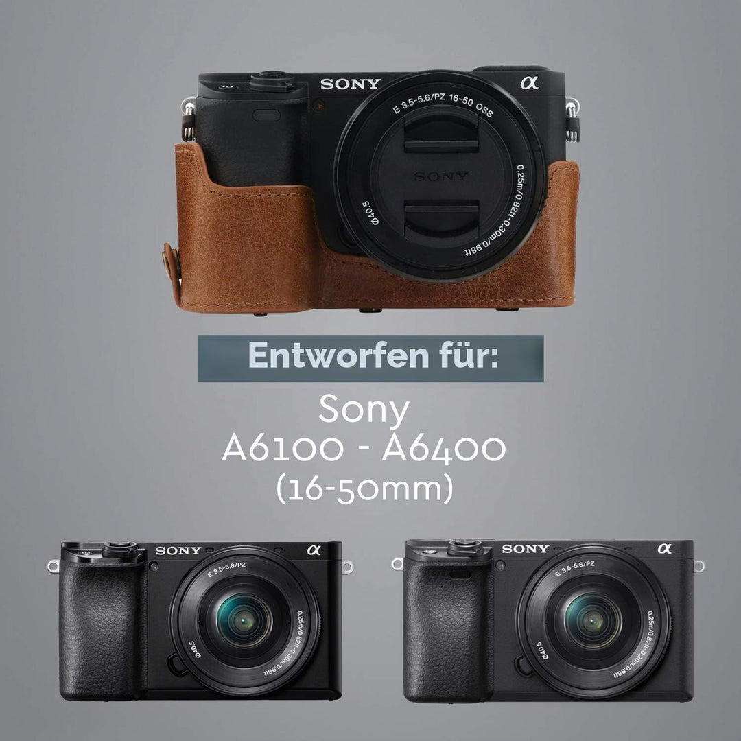 MegaGear Ever Ready Kameratasche aus echtem Leder, kompatibel mit Sony Alpha A6100, A6400 (16–50 mm)