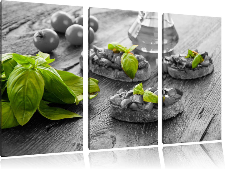 Leckere Bruchetta Italienisch schwarz/weiss 3-Teiler Leinwandbild 120x80 Bild auf Leinwand, XXL ries