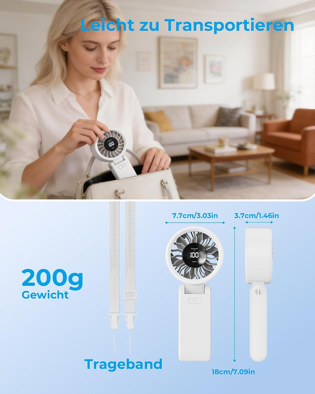 Tragbarer Ventilator - Wiederaufladbar per USB-C, Ventilator mit 5000-mAh-Akku und digitaler Anzeige