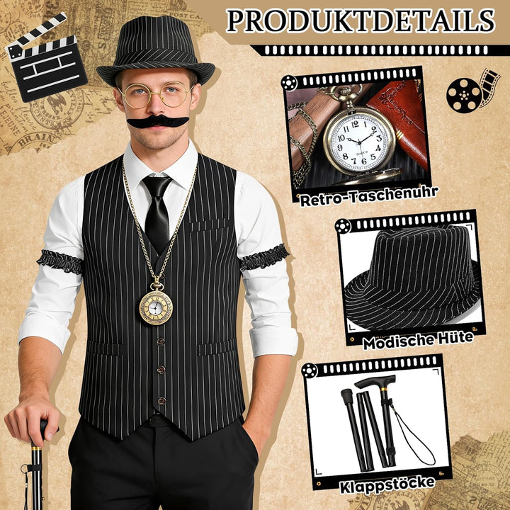 11 Stück 1920er Jahre Herren Gatsby Kostüm Set Weste, Beret, Krücke, Brille, Ärmelstülpe, Hosenträge