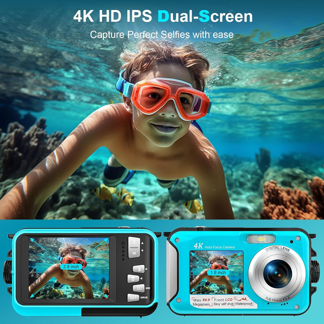 Digitalkamera, Yixinxin 4K Unterwasserkamera, 64MP Autofokus 16FT Digitalkamera wasserdichte mit 32G