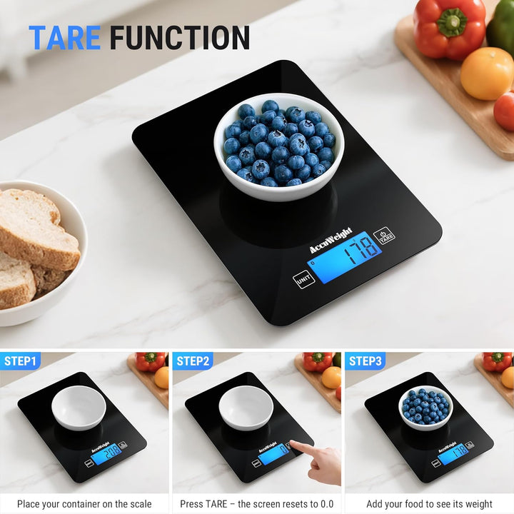 ACCUWEIGHT Küchenwaage Bluetooth mit Nährwertrechner (mit 4 Batterien) Digitale Lebensmittelwaage bi