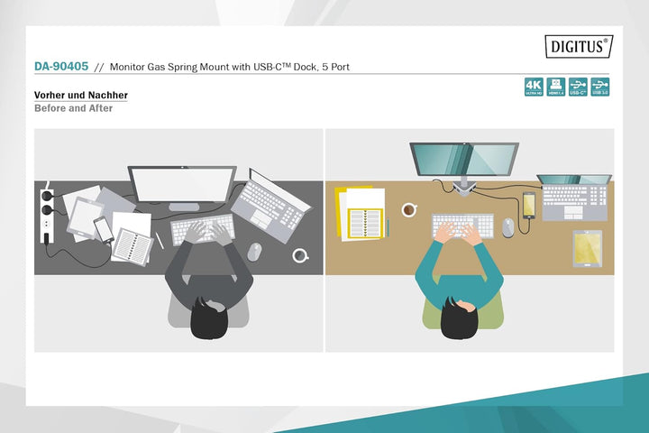 DIGITUS Smarte Monitorhalterung mit integrierter Docking Station Gasdruckfeder und Klemmbefestigung