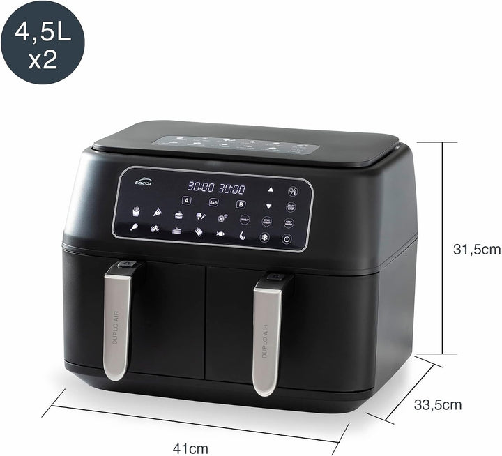 Lacor - 69508 - Ölfreie DuploAir-Fritteuse, Heissluftfritteuse mit Touchscreen, Doppelkorb, Inklusiv