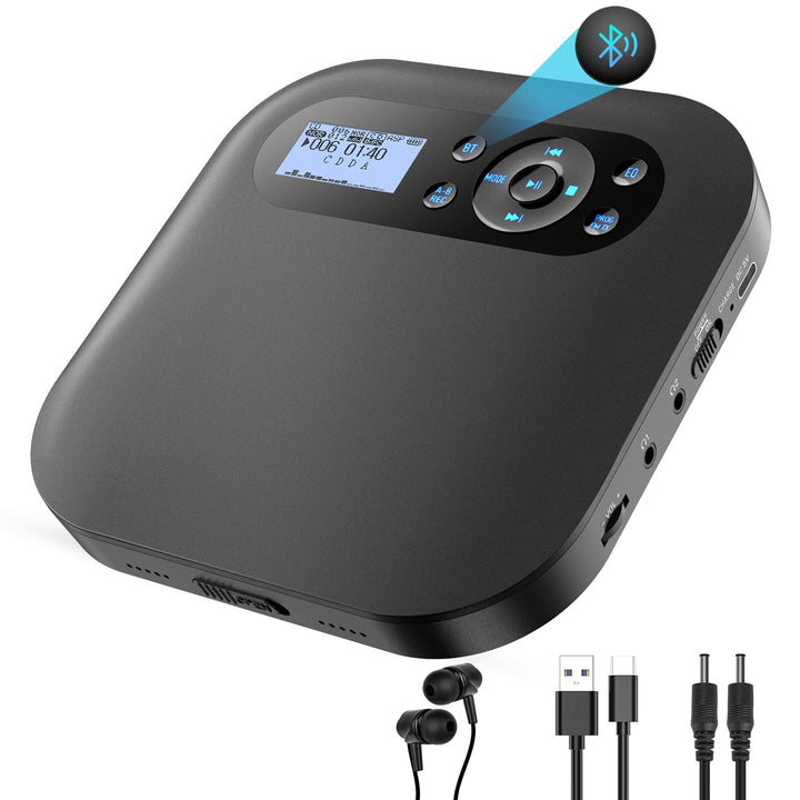 Tragbarer CD Player mit Bluetooth, NEU Wiederaufladbar Discman CD Player für Auto mit FM, Zwei Stere