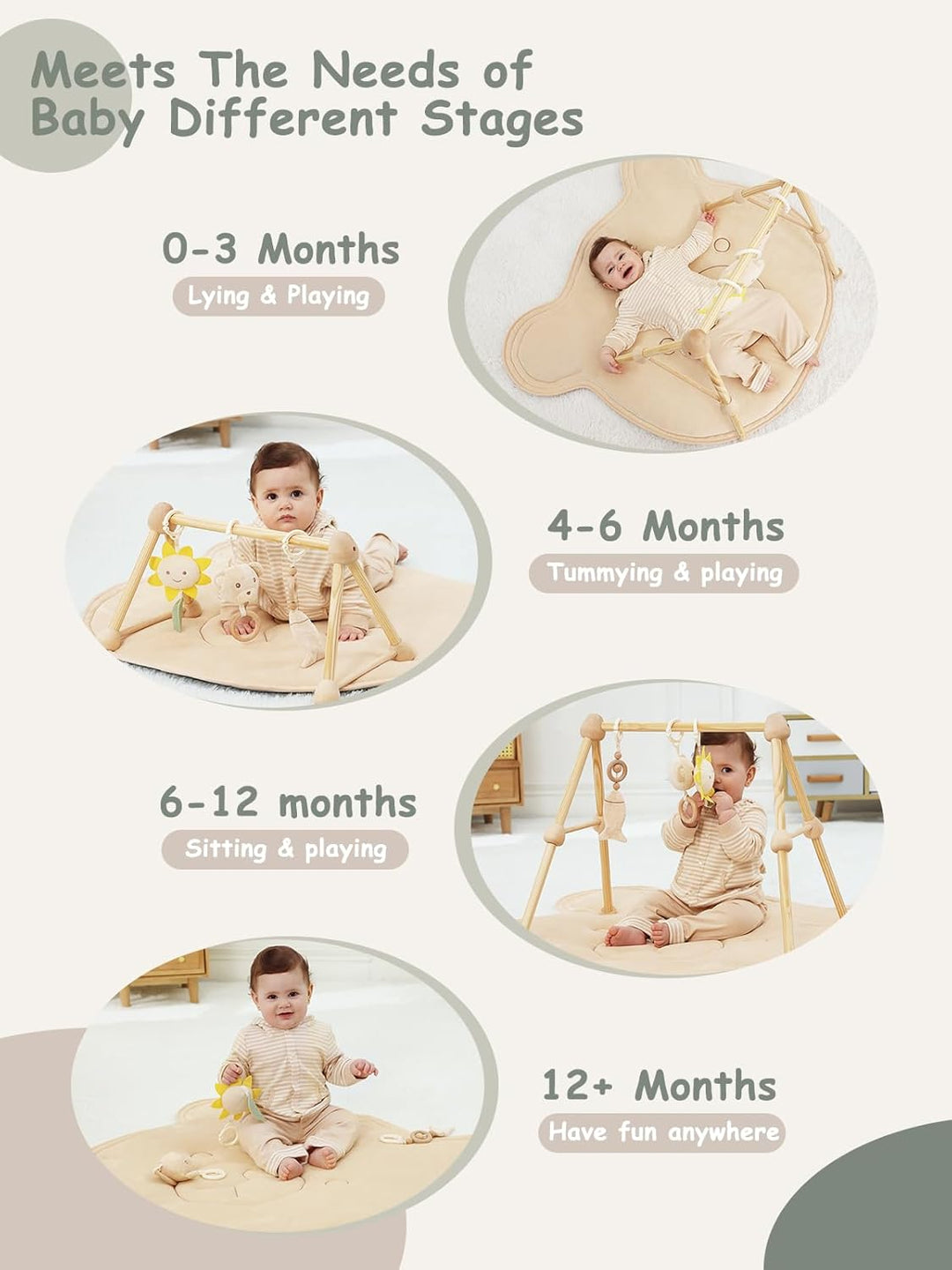 4 IN 1 Bär Spielbogen Baby, Spielmatte Babies mit Natur Holz Activity Spielbogen, 3 abnehmbaren Spie