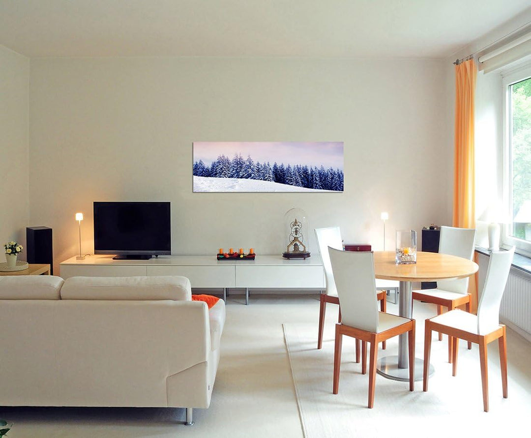 Paul Sinus Art Panoramabild auf Leinwand und Keilrahmen 150x50cm Winterlandschaft Wald Sonne Wolkenh